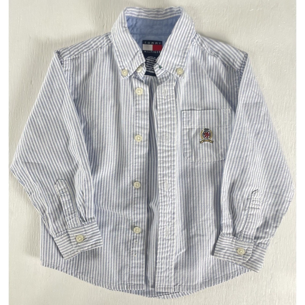 Vintage Y2K Baby Boys Tommy Hilfiger Shirt 3T‎ Blue White Pin Striped Chambray
